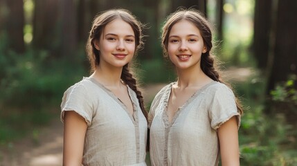 Naklejka premium Traditional Linen Dress Worn by Lithuanian Twin Women in Forest