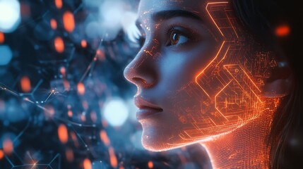 Futuristic digital transformation virtual realm portrait art neon cybernetic environment close-up view integrating humanity with technology