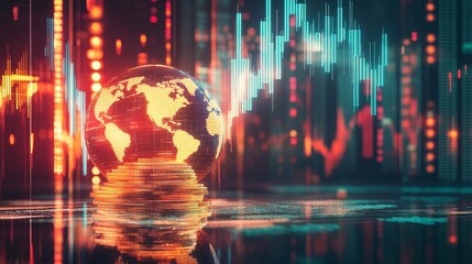 Global financial market trends digital finance hub infographic visualization urban high-tech environment aerial view economic insights