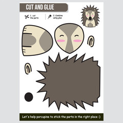 Fun porcupine cut and glue worksheet for children. Educational kids activity.
