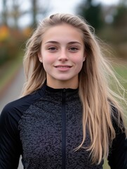 Obraz premium Portrait of a young woman with long hair wearing a black athletic jacket, standing outdoors with a soft blurred background