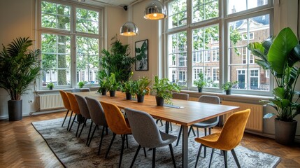 Obraz premium Modern office meeting room with plants by windows, city view