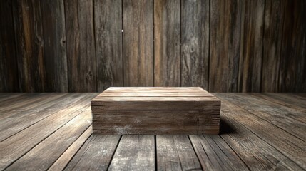 Rustic wooden display platform, plank backdrop
