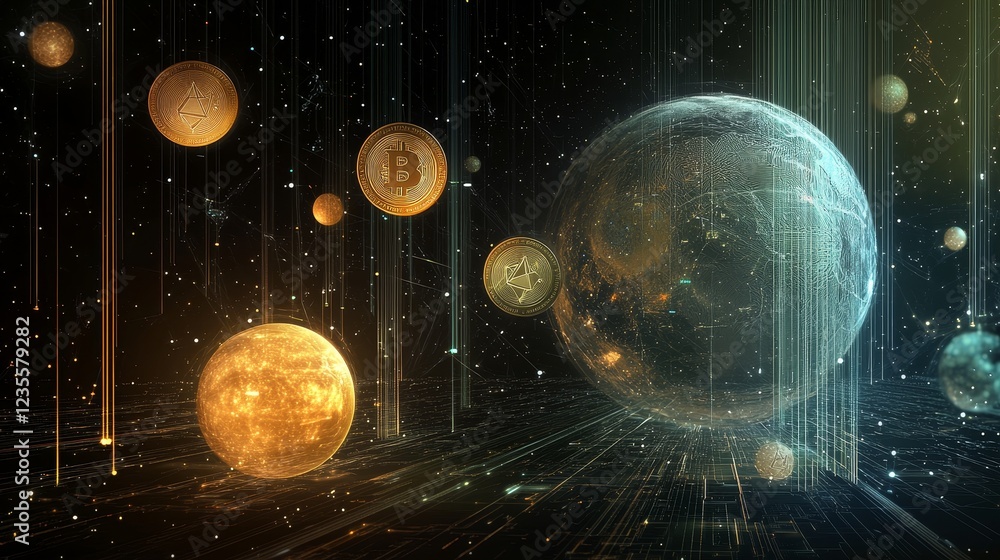Poster exploring cryptocurrency galaxies digital universe 3d animation cosmic environment futuristic viewpo