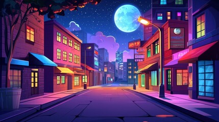 Nighttime City Street Scene with Vibrant Buildings and a Large Moon