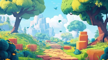 Idyllic Stone Path Winding Through a Lush, Cartoon-Style Landscape