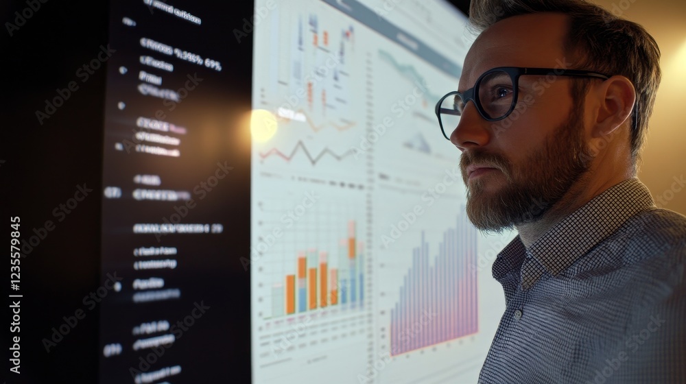 Poster data analysis insights corporate office digital display modern workspace side view business intellig