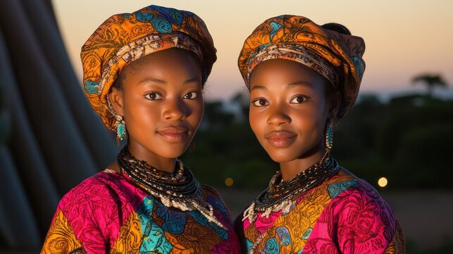 Malagasy Twin Women in Traditional Lambahoany Attire at Sunset