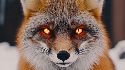 Obraz premium Fiery-eyed fox stares, snowy forest background, wildlife portrait