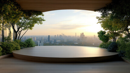 stunning rooftop view of city skyline at sunset, surrounded by greenery