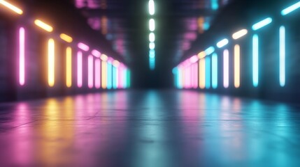 Fototapeta premium Neon lights illuminate a futuristic corridor reflecting on a glossy floor, creating a vibrant backdrop for product placement or design projects