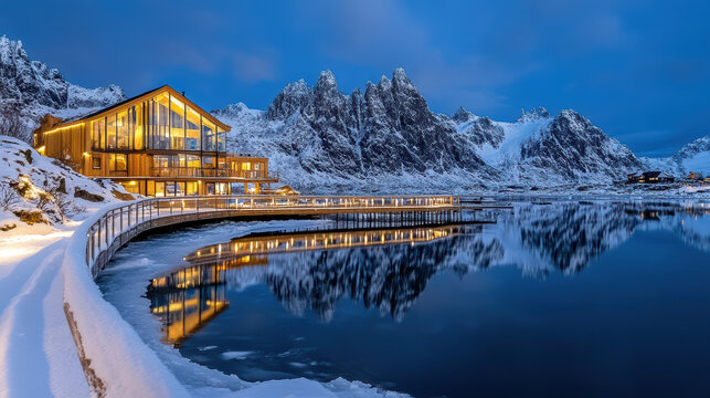 stunning winter scene featuring modern cabin by frozen lake, surrounded by mountains