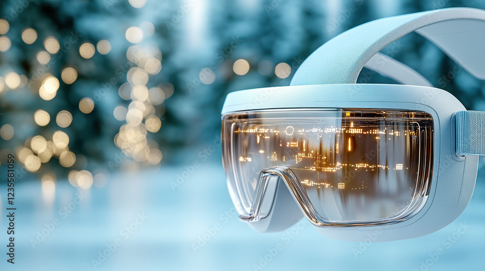 Poster futuristic headset with glowing display in winter setting