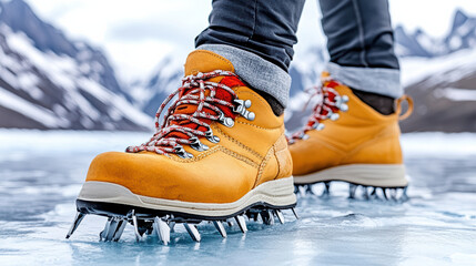 close up of hiker boots with crampons on icy terrain, showcasing adventure