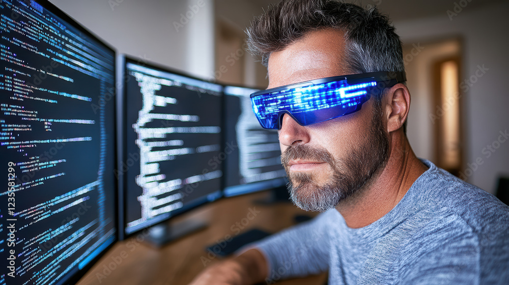 Poster coding expert wearing blue light glasses analyzes data on multiple screens