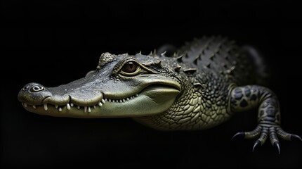 Fototapeta premium Close Up of a Juvenile Alligator on Black Background Dramatic Wildlife Photography Dark Moody Reptile Portrait Nature Image