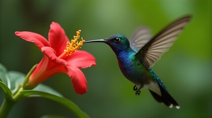 Fototapeta premium Vibrant Blue Hummingbird Hovering Near Red Hibiscus Flower Stunning Nature Photography Wildlife Bird Image