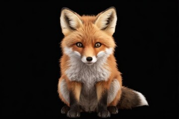 Fototapeta premium Young fox sitting on black background with round face, big eyes, and calm expression digital illustration.