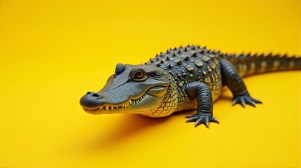 Fototapeta premium Realistic Crocodile Toy Figure on Yellow Background Studio Shot Closeup Photography Wildlife Animal Reptile Model Collectible Toy