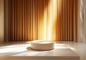 Sunlit minimalist beige platform, podium, stage, display, backdrop, curtain, sunlight.