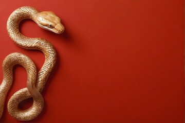Fototapeta premium Golden serpent coiled on red background with intricate scales and serene expression, head turned left, eyes closed.