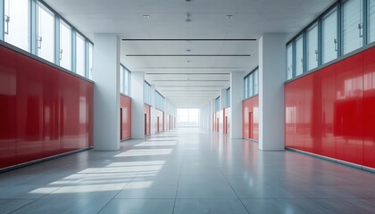 Obraz premium Modern building hallway with red walls and large windows