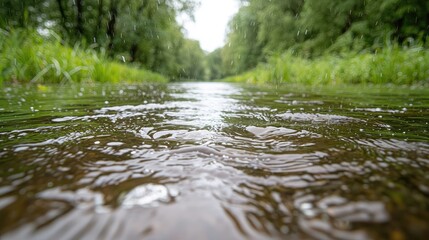 Fototapeta premium Flowing river water ripples close up with green forest trees lining the banks under soft daylight.