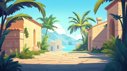 Tropical Coastal Village Street Scene with Stone Buildings and Palm Trees