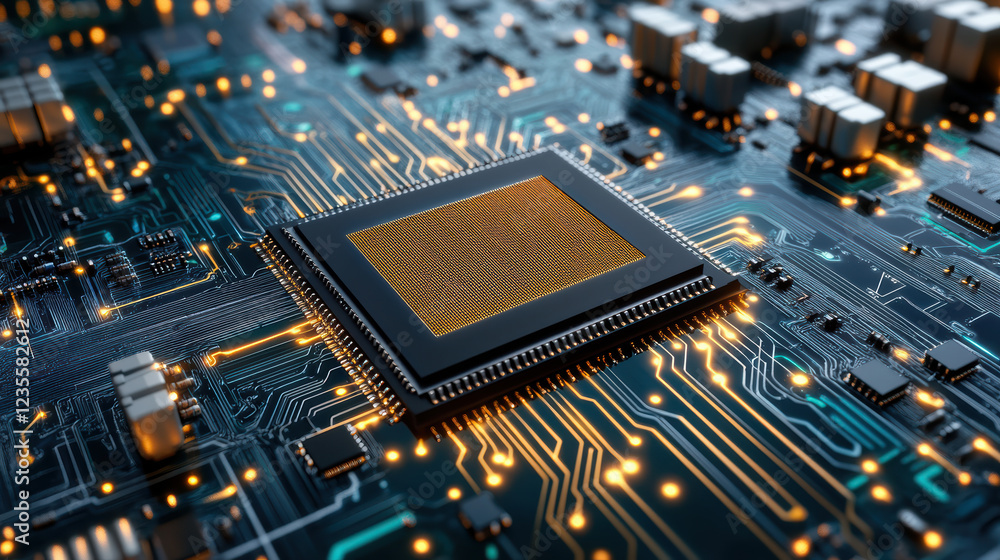 Poster close up view of microprocessor circuit board, showcasing intricate details and glowing