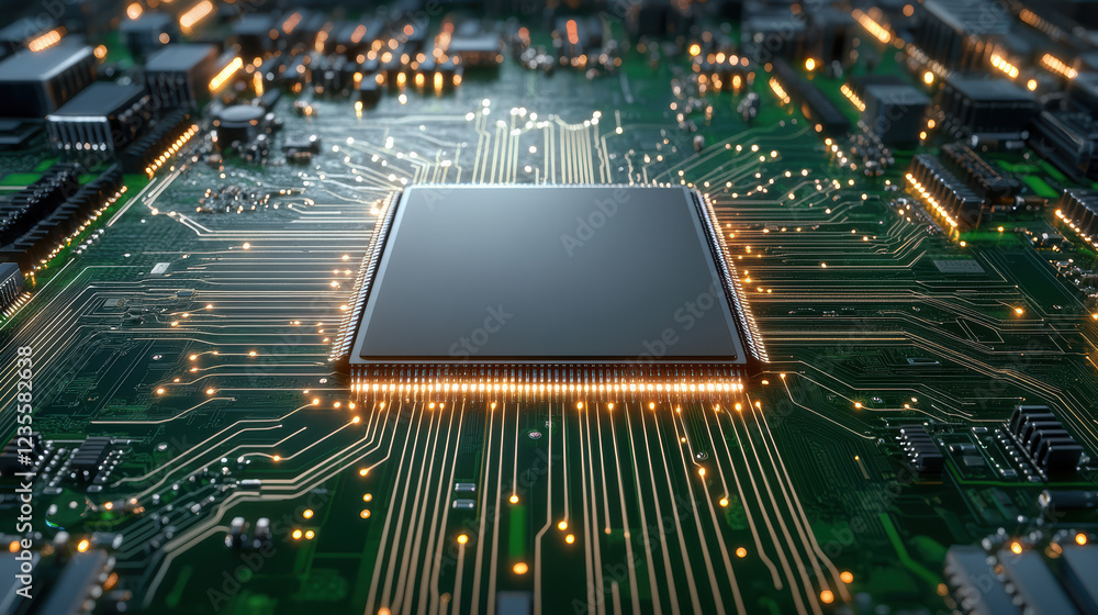 Poster close up view of circuit board with intricate electronic components and connections