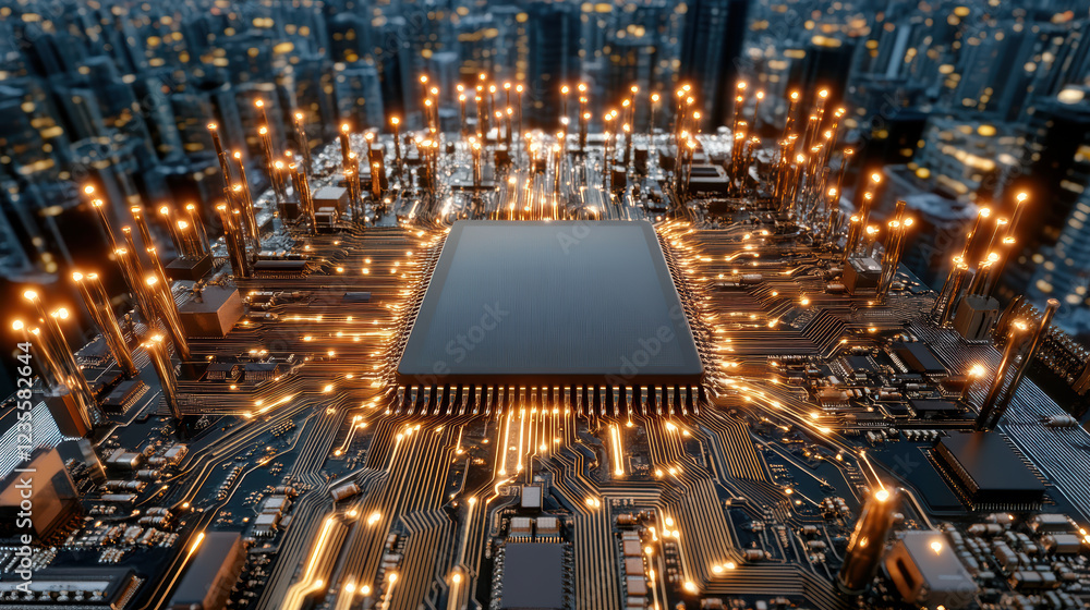 Poster digital art representation of e waste transformation with glowing circuits