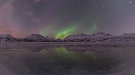Naklejka premium Aurora borealis over snowy mountains reflecting in frozen lake