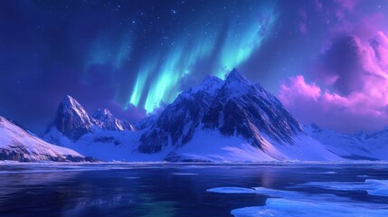 Arctic mountains, aurora borealis, starry night, calm water, winter landscape, travel poster
