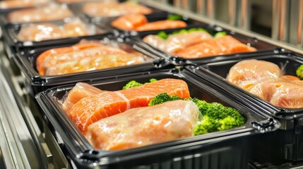 Freshly prepared salmon and broccoli meal boxes arranged neatly in a display for easy selection