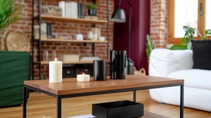 Modern living room with wooden coffee table displaying candles, plants, and a cozy atmosphere
