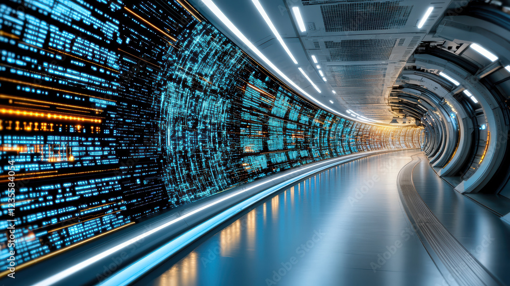 Poster futuristic corridor with glowing data patterns and sleek design