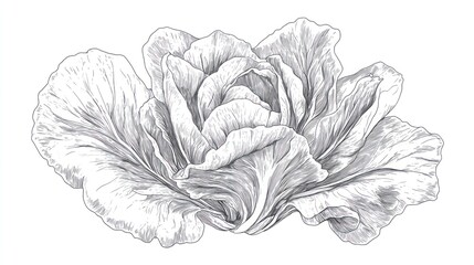 Detailed pencil sketch of cabbage; white background; food illustration