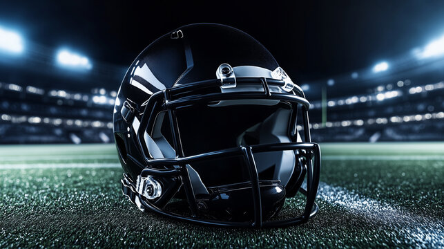A close up of a black football helmet on a field under stadium lights at night