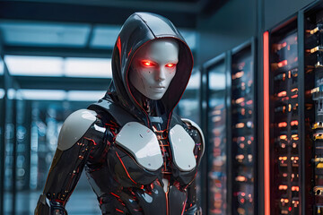 Suspect white AI robot wear hood jacket standing in data center server modern office working room in concept of cyber security hacking risk and privacy leak in cloud computing technology solution