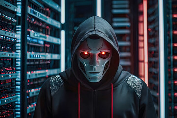 Suspect white AI robot wear hood jacket standing in data center server modern office working room in concept of cyber security hacking risk and privacy leak in cloud computing technology solution