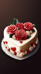 A heart-shaped cake adorned with red roses and decorative elements for celebrations.