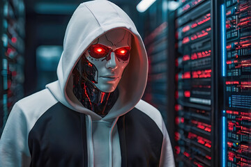 Suspect white AI robot wear hood jacket standing in data center server modern office working room in concept of cyber security hacking risk and privacy leak in cloud computing technology solution