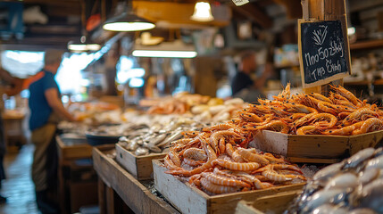 Fresh Seafood Market Display Delicious Shrimps Prawns Ocean Food Fish Meal Sale Lunch Image Photo   