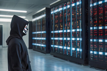 Suspect white AI robot wear hood jacket standing in data center server modern office working room in concept of cyber security hacking risk and privacy leak in cloud computing technology solution