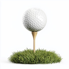 A golf ball on a tee in a small patch of grass against a white background