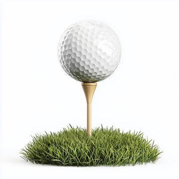 A golf ball on a tee in a small patch of grass against a white background