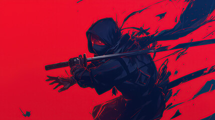 ninja in black fighting dynamic pose with katana isolated red background
