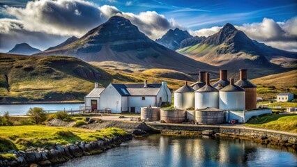 Naklejka premium Distillery on Islay Island with rugged mountains and sea