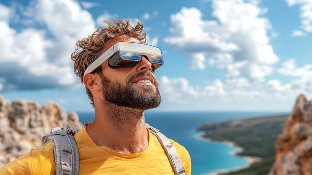 hiker wearing AR glasses enjoys scenic view of nature - Powered by Adobe
