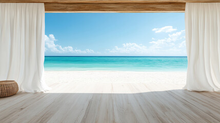 Fototapeta premium serene beachside view with soft white curtains framing ocean